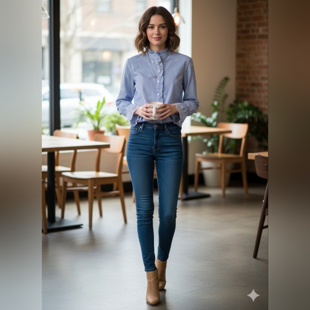 Max Jeans Navy Striped Ruffle Blouse